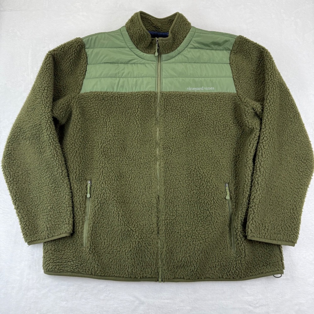 Vineyard Vines Womens XL Olive‎ Green Mixed Media Sherpa Full Zip Fleece Jacket